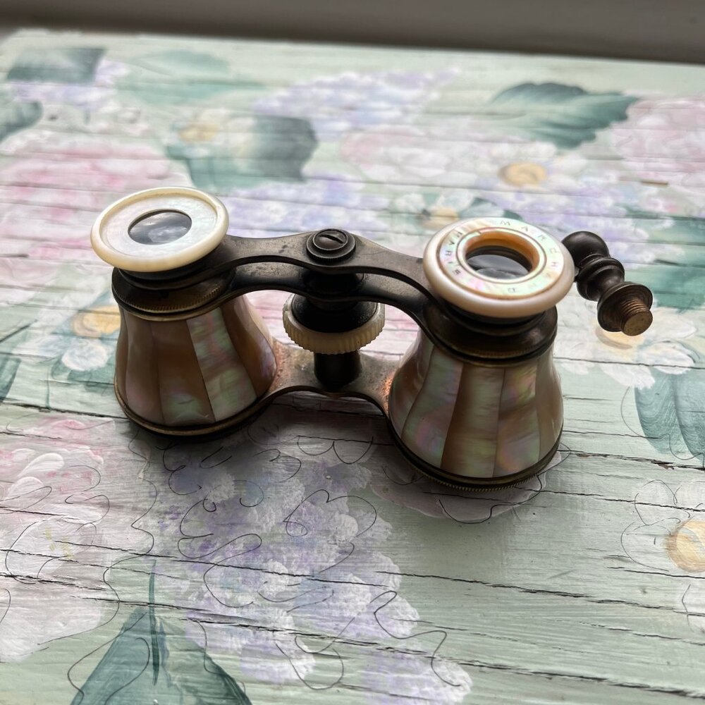 Antique Marchand Paris Opera Glass Binoculars Brass & Mother of Pearl Abalone